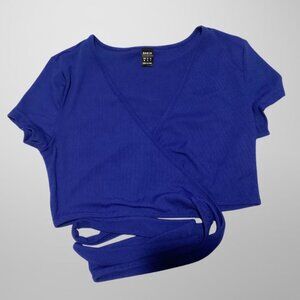 SHEIN Royal Blue Ribbed Surplice Wrap Crop Top